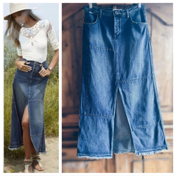 Free People Patchwork Denim Maxi Skirt - Picture 11 of 12